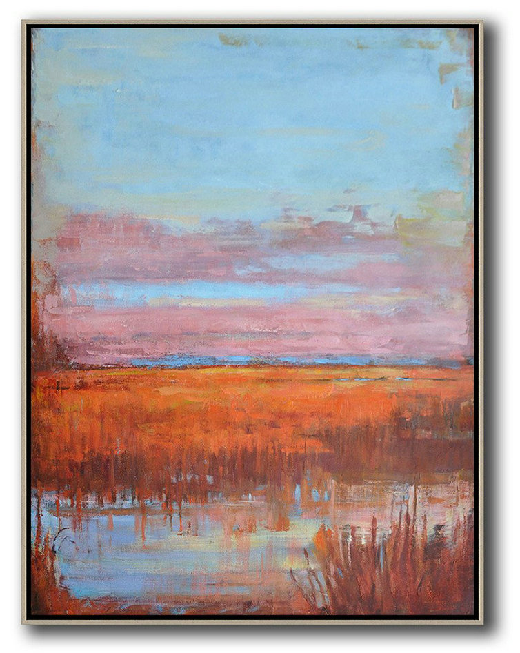 Large Abstract Art,Oversized Abstract Landscape Painting,Large Paintings For Living Room Blue,Pink,Orange,Red